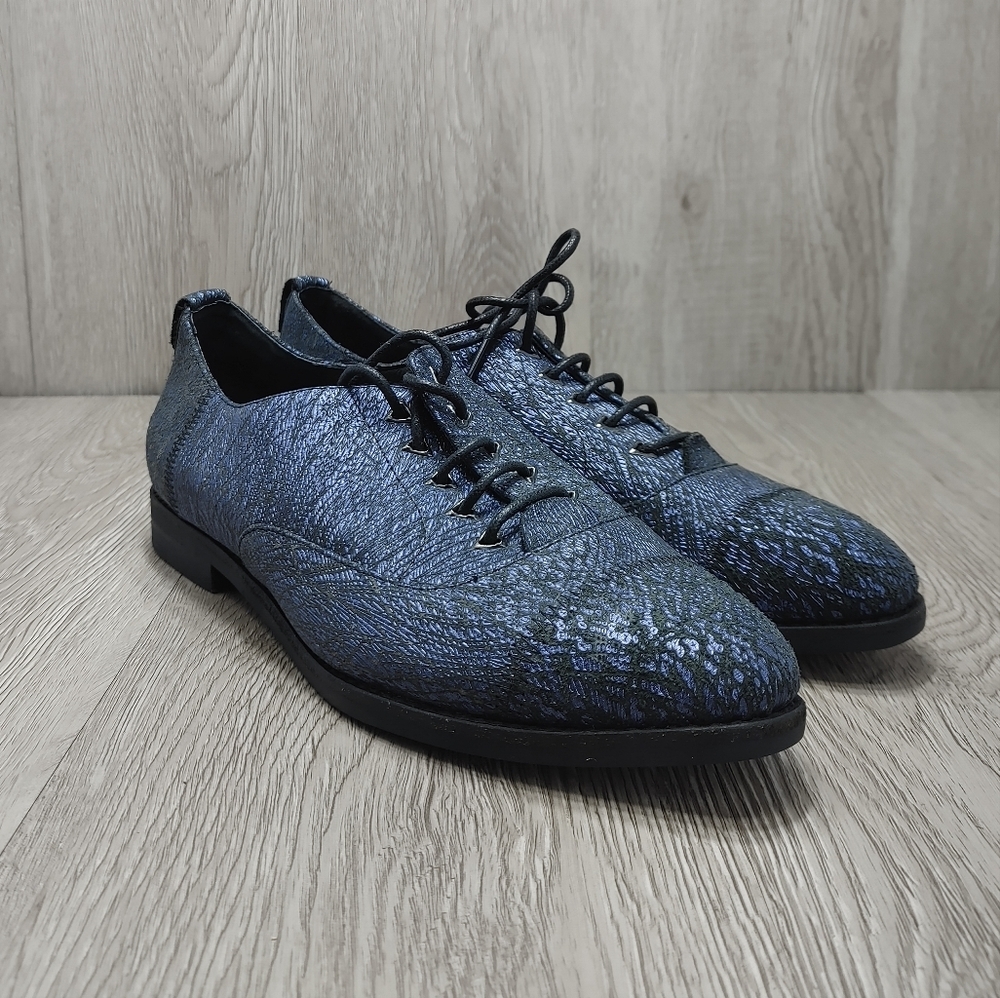Blacksheep Empire Lace Up Oxford Flats Shoes‎ Blue Black Textured Leather 36